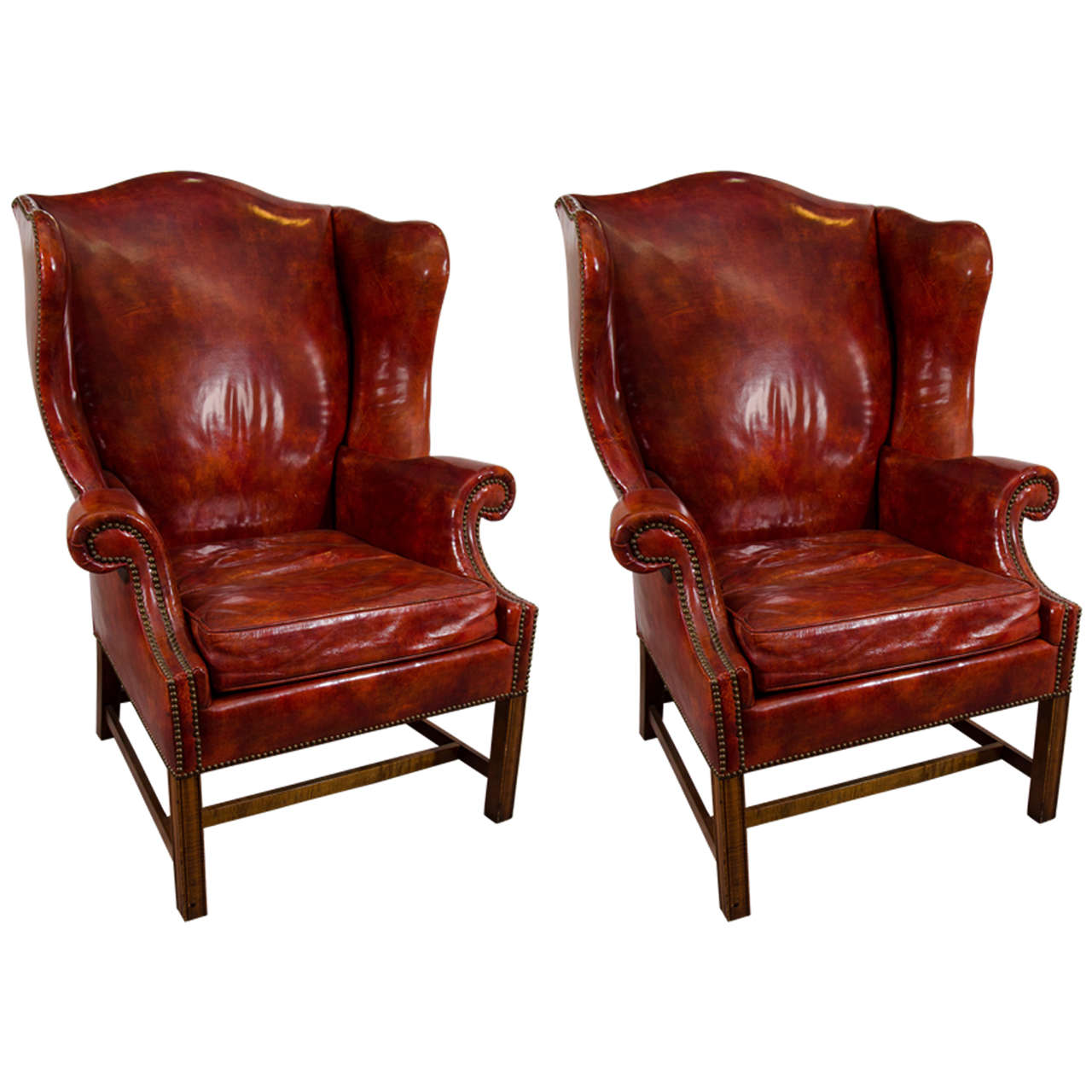 Midcentury Pair of Burgundy Leather Wing Chairs by Baker