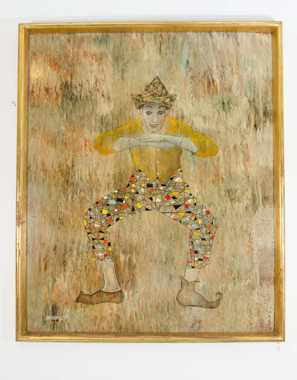 A vintage large mixed media painting of an expressionistic, colorful clown or harlequin on masonite, by Mexican artist Leonardo Nierman (1932-), circa 1950s. Markings include the artist's signature and date [1959] on the lower left. Good vintage