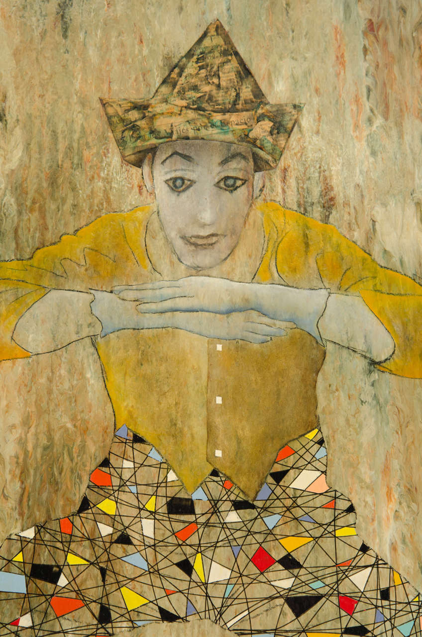Mid-Century Modern A Leonardo Nierman Mixed Media Painting of a Harlequin