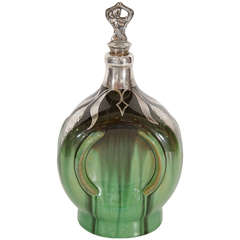 Art Nouveau Handblown Green Glass and Sterling Silver Decanter