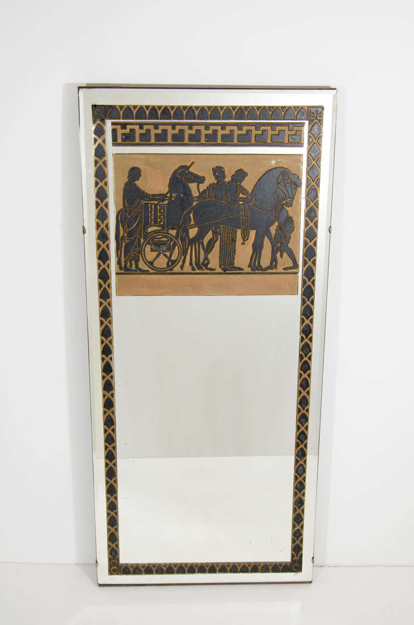 An Art Deco trumeau mirror with Greek charioteer scene.