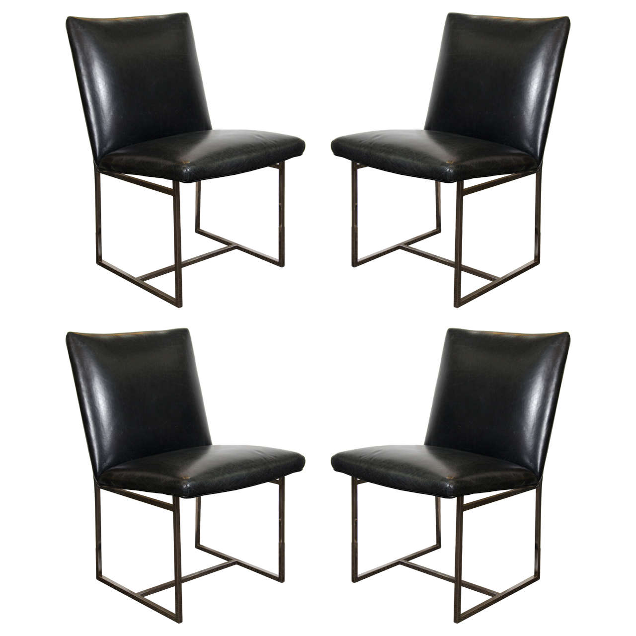 Midcentury Set of Four Milo Baughman Dining Chairs in Charcoal Leather