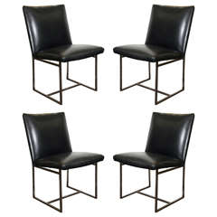 Midcentury Set of Four Milo Baughman Dining Chairs in Charcoal Leather