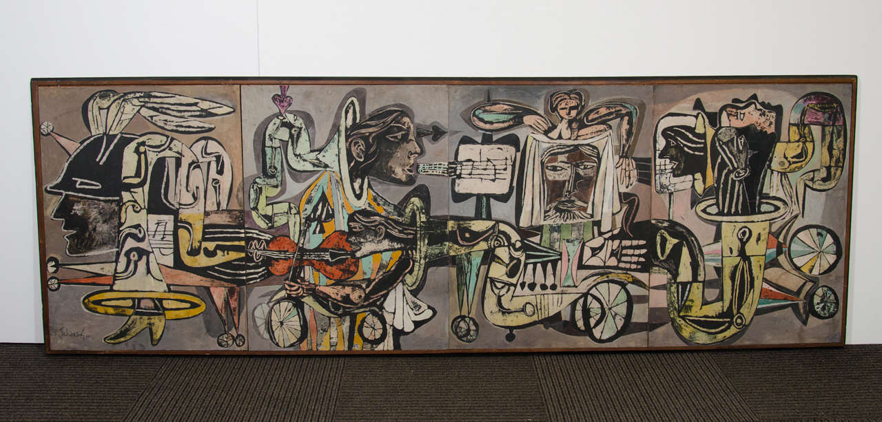 Midcentury Oil on Paper Mural of a Jazz Scene by Lester O. Schwartz.