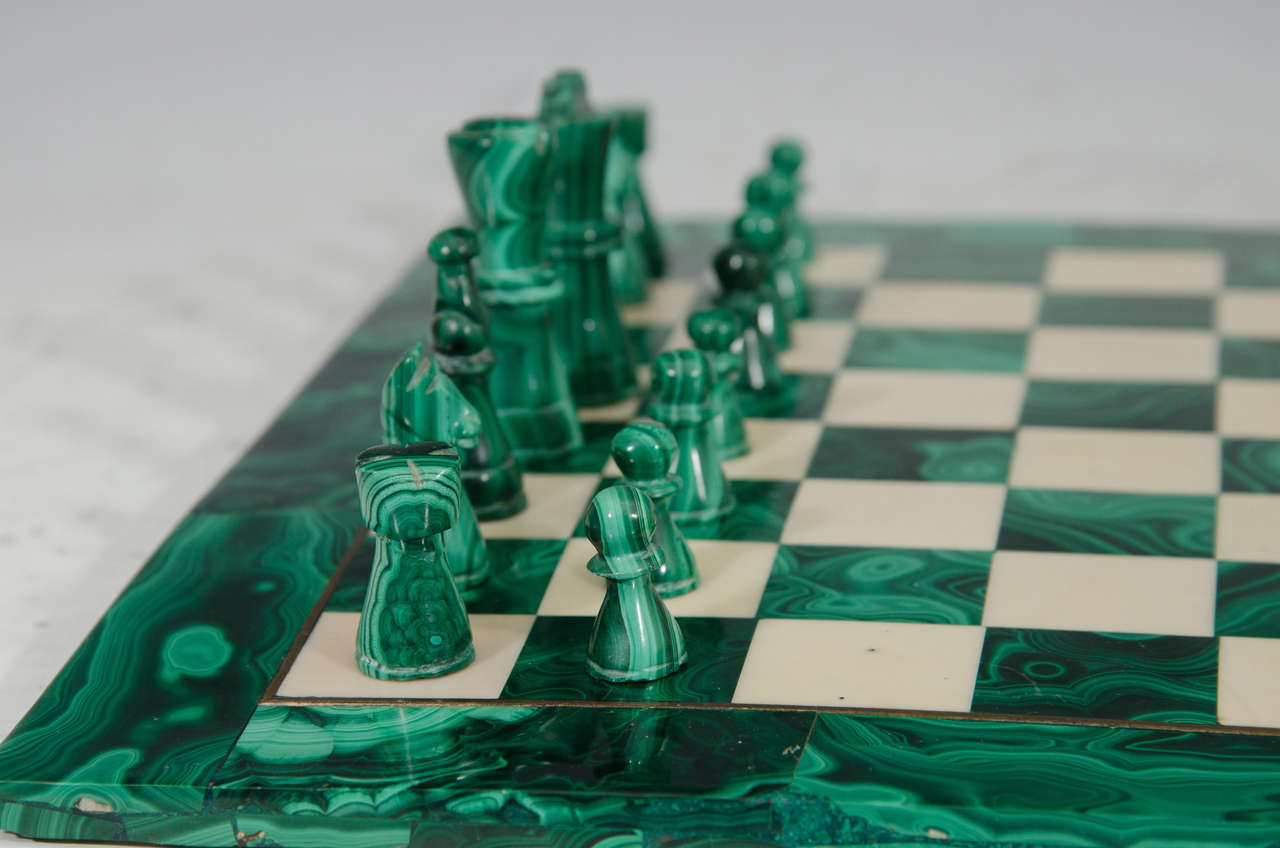 Midcentury Malachite and Marble Chess Set Game Board and Pieces at