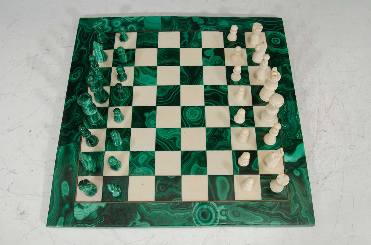 Midcentury Malachite and Marble Chess Set Game Board and Pieces at