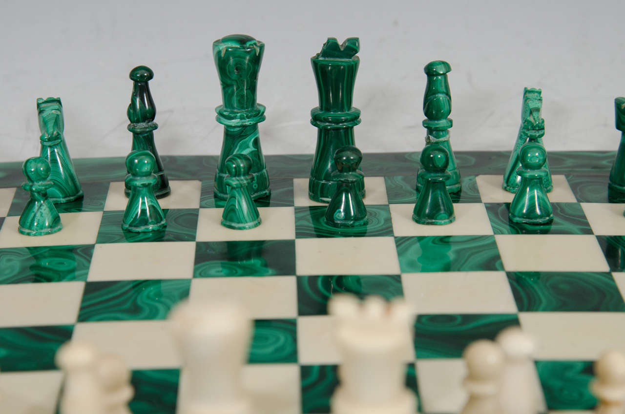Midcentury Malachite and Marble Chess Set Game Board and Pieces at
