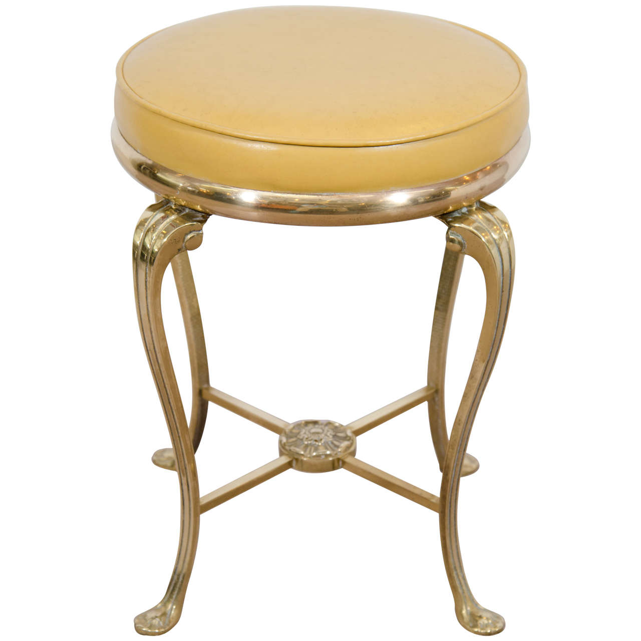 1950s Brass Vanity Stool with Original Yellow Vinyl Upholstery at 1stDibs