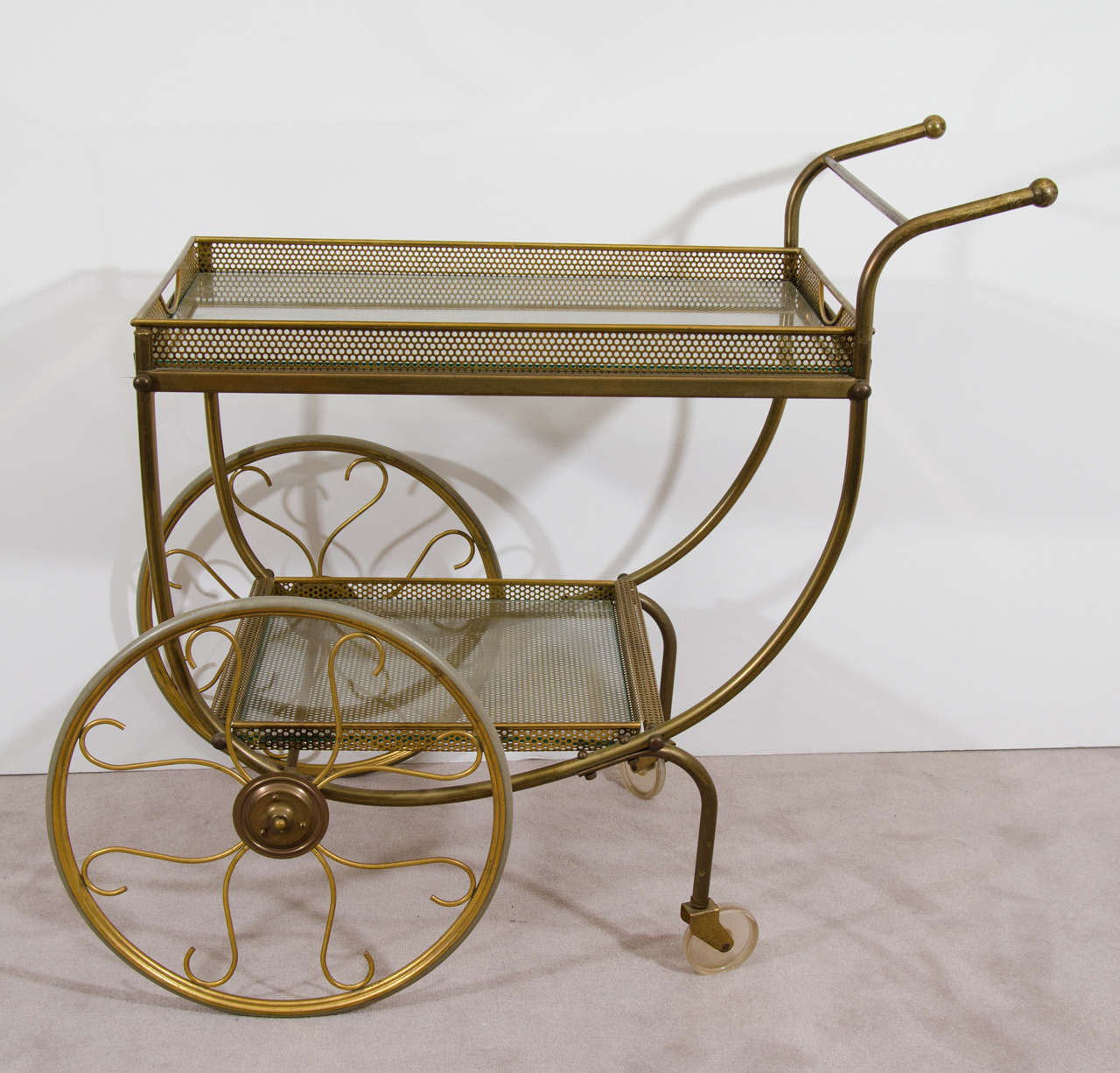 Midcentury Brass Bar Cart with Ornate Spoke Wheels For Sale at 1stdibs