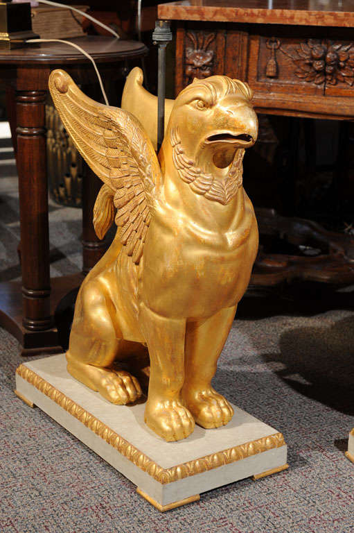 Gold Leaf Pair of Swedish Griffin Floor Lamps