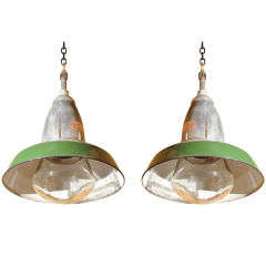 Antique Pair of Green Industrial Pendant Lights