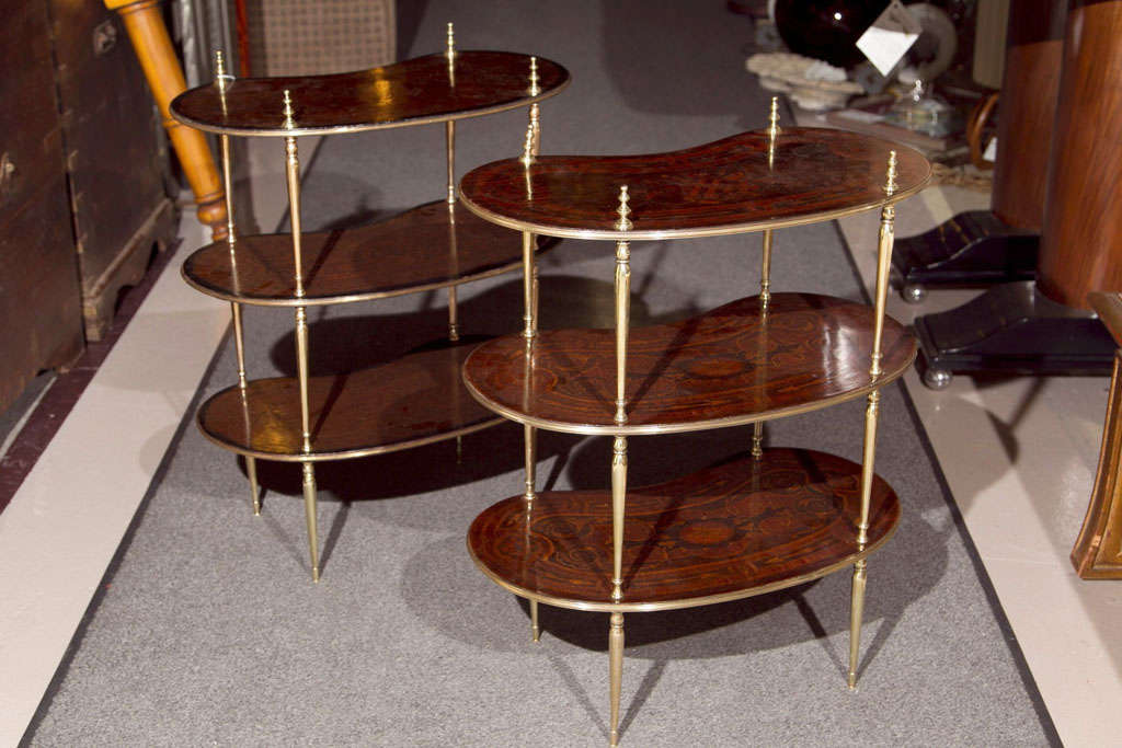 Pair of kidney shaped three-tier end tables, late 19th century, each tier bronze banded with marquetry decoration.