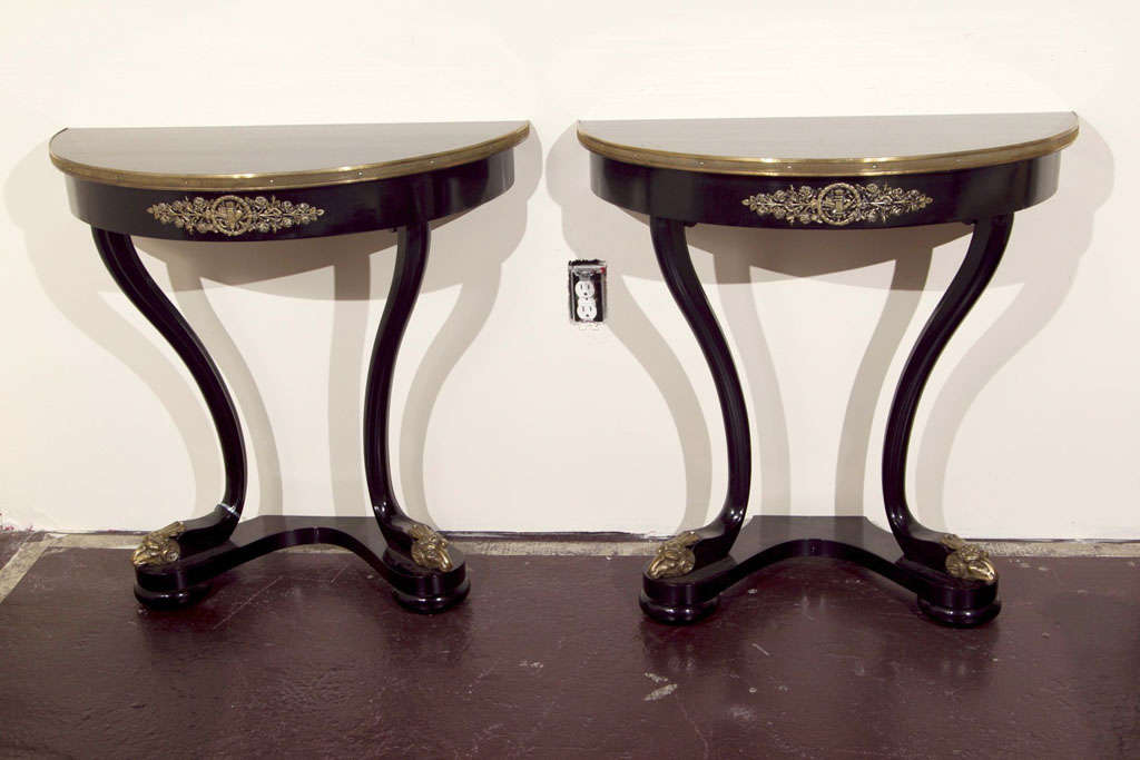 Maison Jansen Pair of Ebonized Demilunes