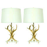 Pair of Stylized Brass Antler Lamps with Lucite Bases