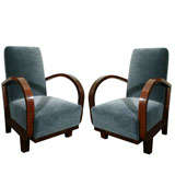 Pair of Exquisite Exotic Wood & Mohair Art Deco Lounge Chairs
