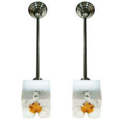 Pair of White and Amber Cube Murano Glass Pendants by Mazzega