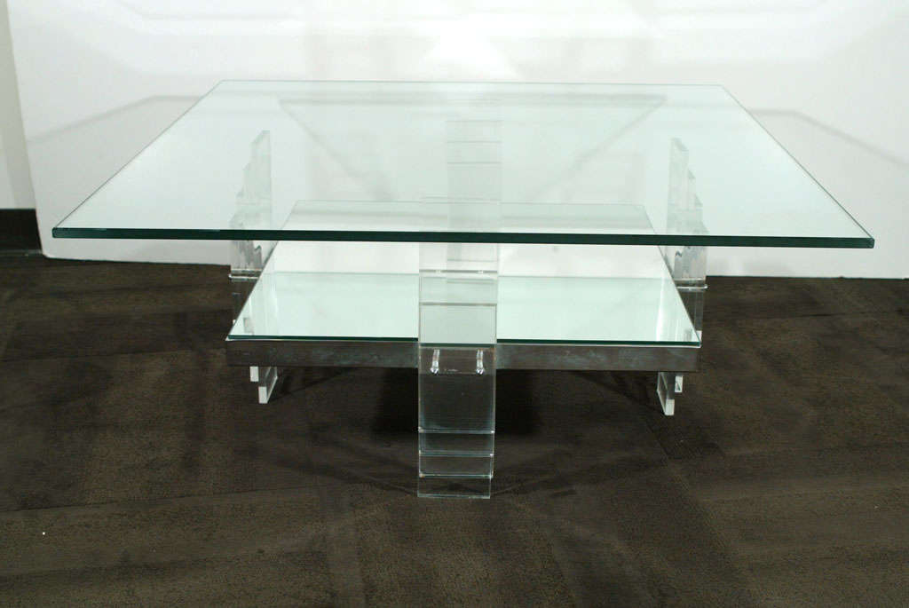 Modernist Two Tier  Glass, Chrome, and Lucite Cocktail Table