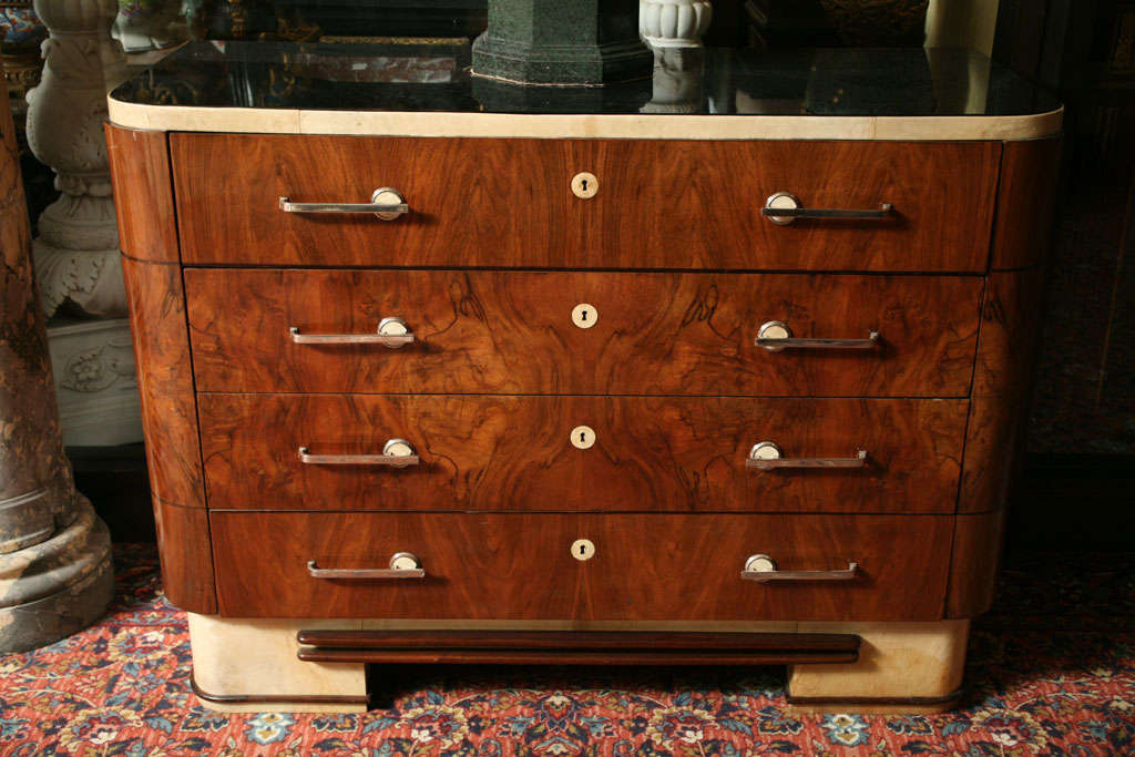 French Deco Style Parchment and Chrome Glass-Top Commode Chest