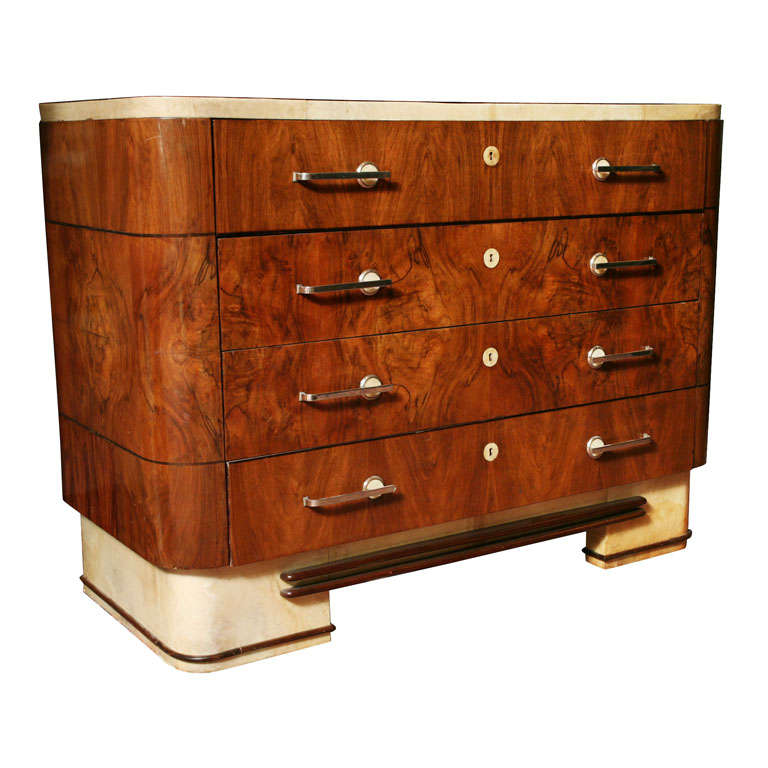 Deco Style Parchment and Chrome Glass-Top Commode Chest
