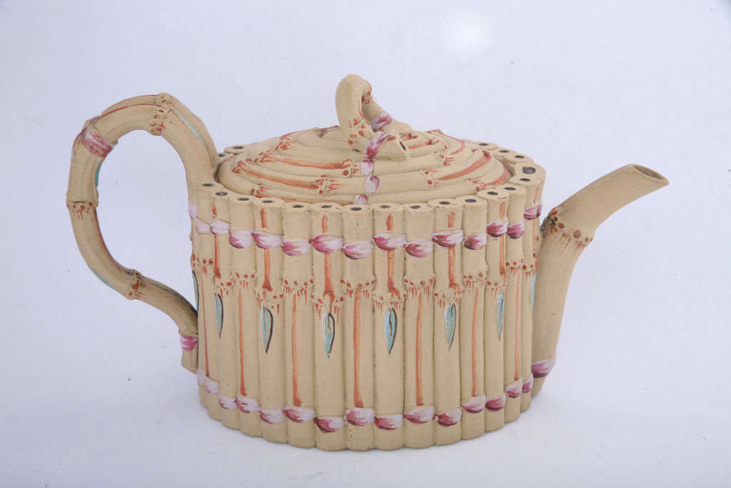 A rare Wedgwood caneware bamboo form teapot with encaustic decoration, upper case mark, Exhibited: Josiah Wedgwood Jubilee Exhibition 1980, Ex: Born & Kadison collections
