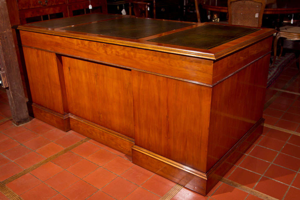 Leather English Yew Wood Modesty Panel Desk For Sale