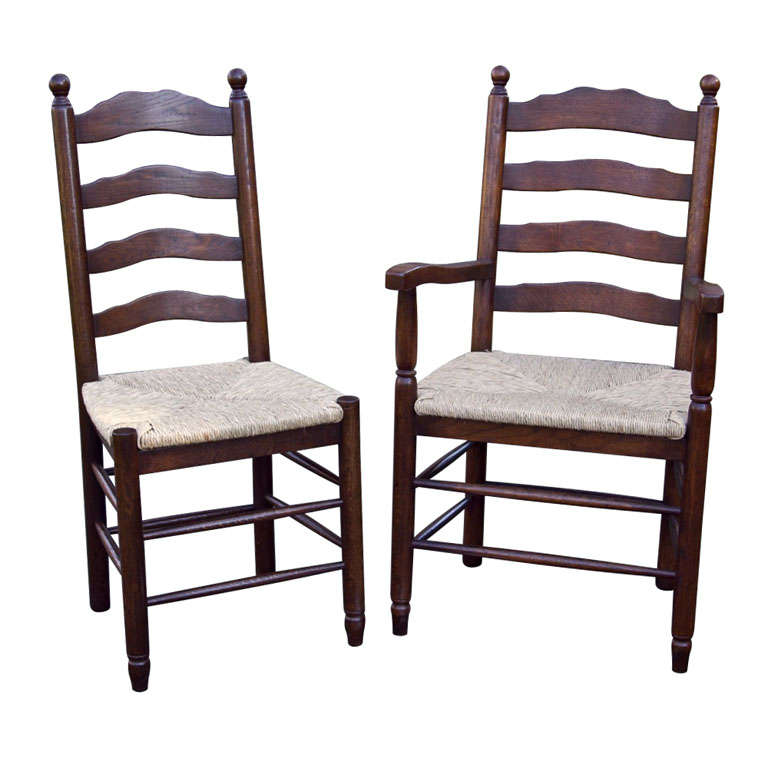 Custom Set of Eight English Oak Wavy Ladder Back Chairs with Rush Seats For Sale at 1stDibs