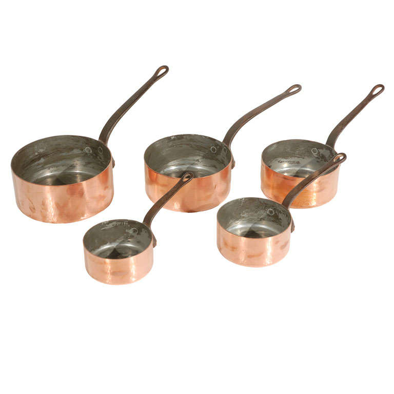 Set of 5 Antique French Copper Pans For Sale