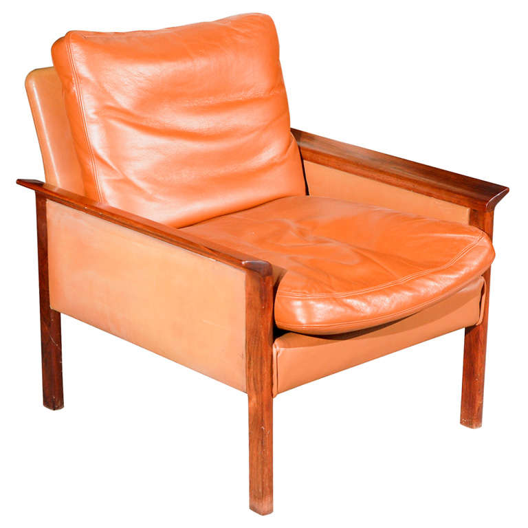 Hans Olsen fauteuil en bois de rose et cuir en vente