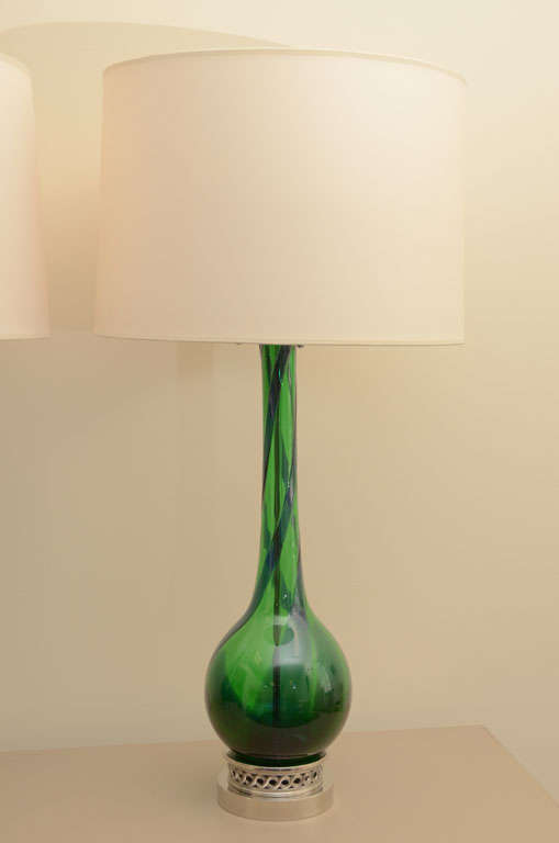 Italian Large Pair of Emerald Green Murano Lamps