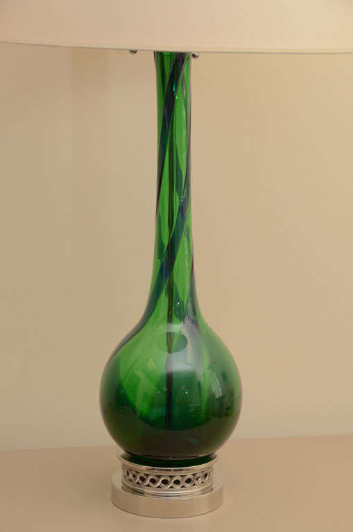 Mid-20th Century Large Pair of Emerald Green Murano Lamps