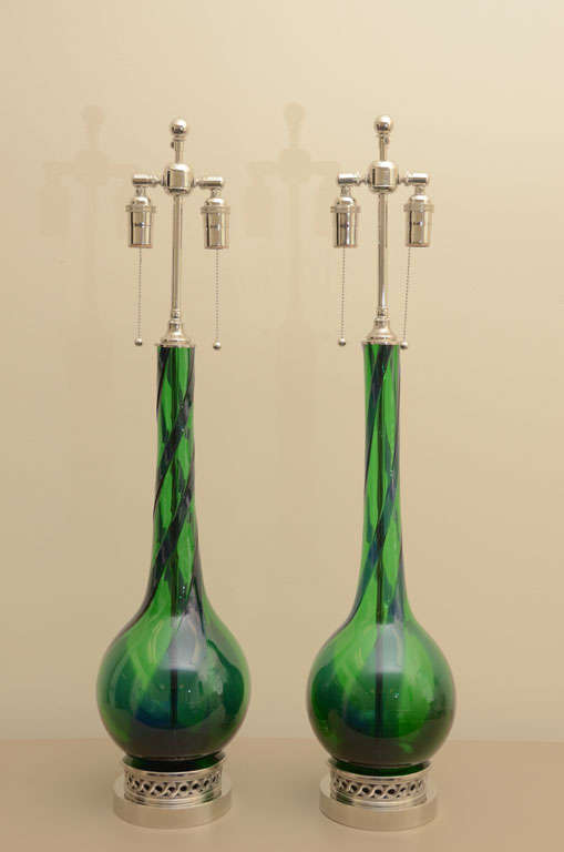 Large Pair of Emerald Green Murano Lamps 4