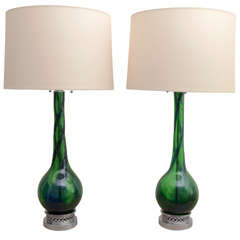 Large Pair of Emerald Green Murano Lamps