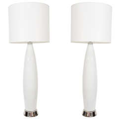 Pair of White Murano Glass Lamps on Polished NIckel Base