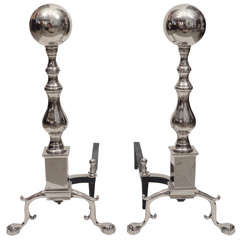 Vintage Pair of Regency Style Cannonball  Polished Nickel Andirons