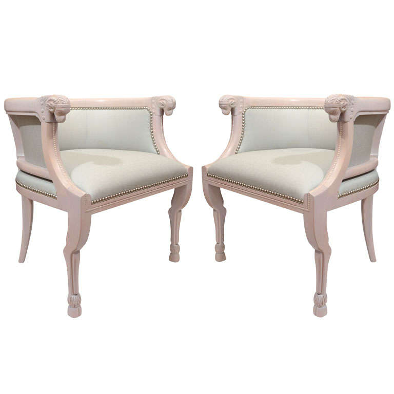 Pair of Bleached Mahogany Ram's Head Chairs by Tomlinson
