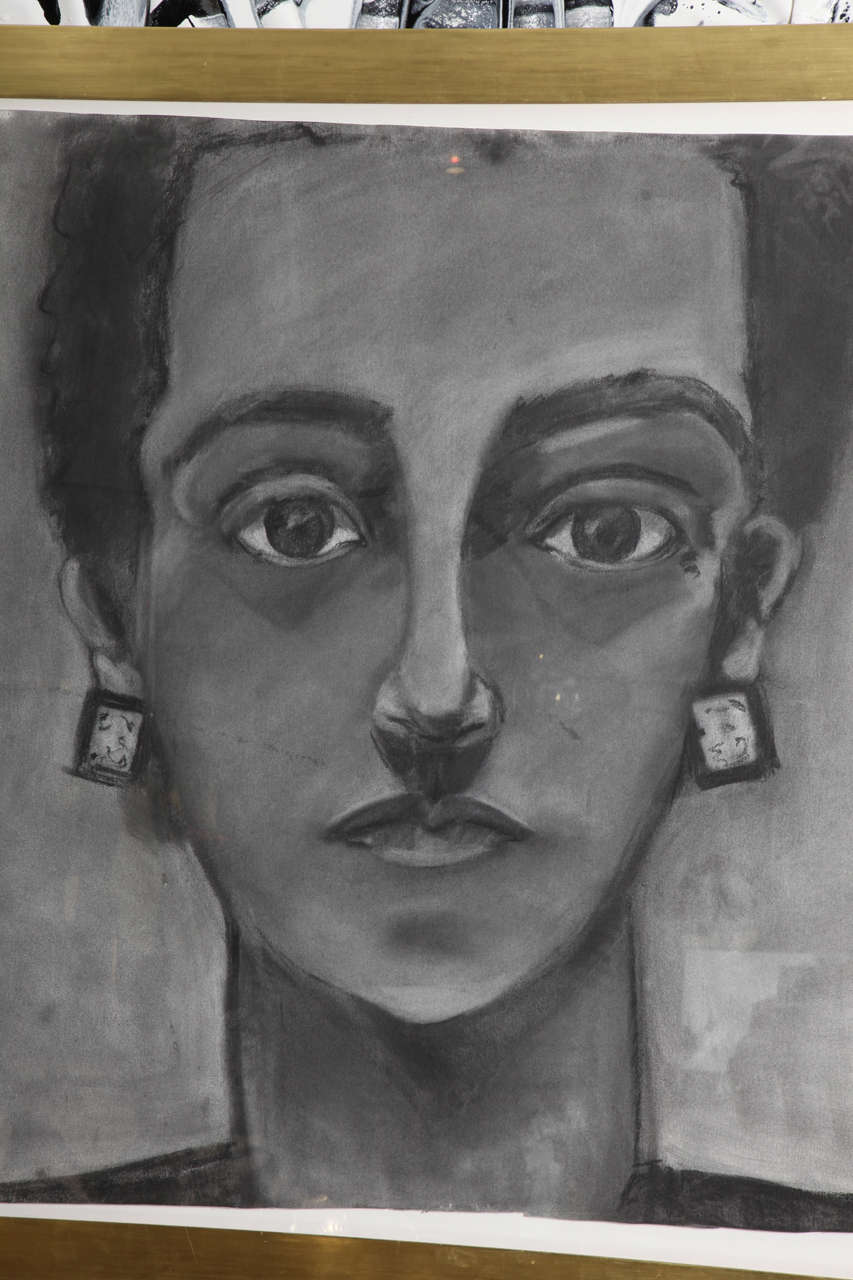 Modern Painting, Portrait of a Lady, Charcoal, Large Scale with Wide Gold Frame, C 1960 For Sale