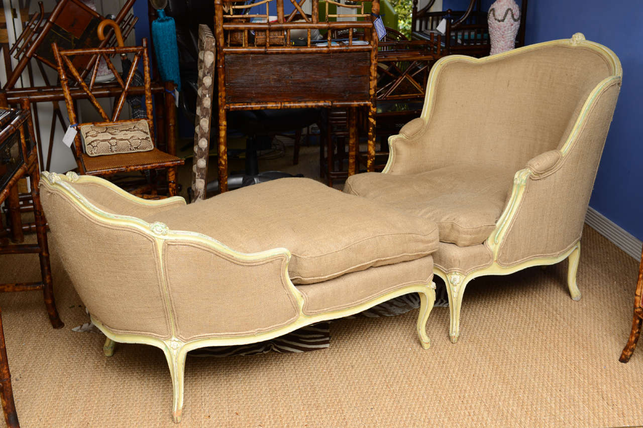 A two part French Duchesse Brisee, the bergere with arched back and loose seat cushion and the ottoman with low arched back and loose seat cushion with burlap fabric Very comfortable. 
Length of bergere 34,Length of ottoman: 45