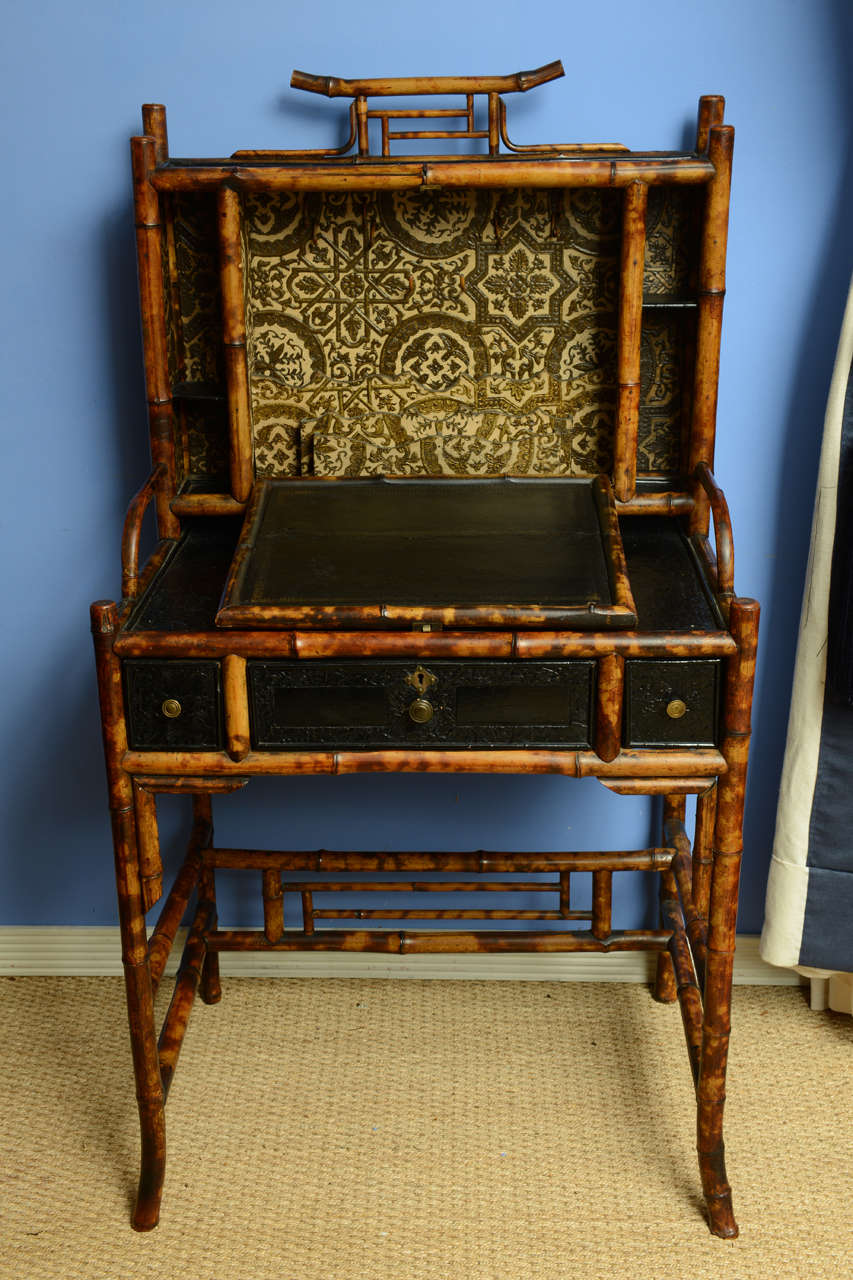 British 19th c.English Bamboo Desk with Lacquer Drop-Front Desk