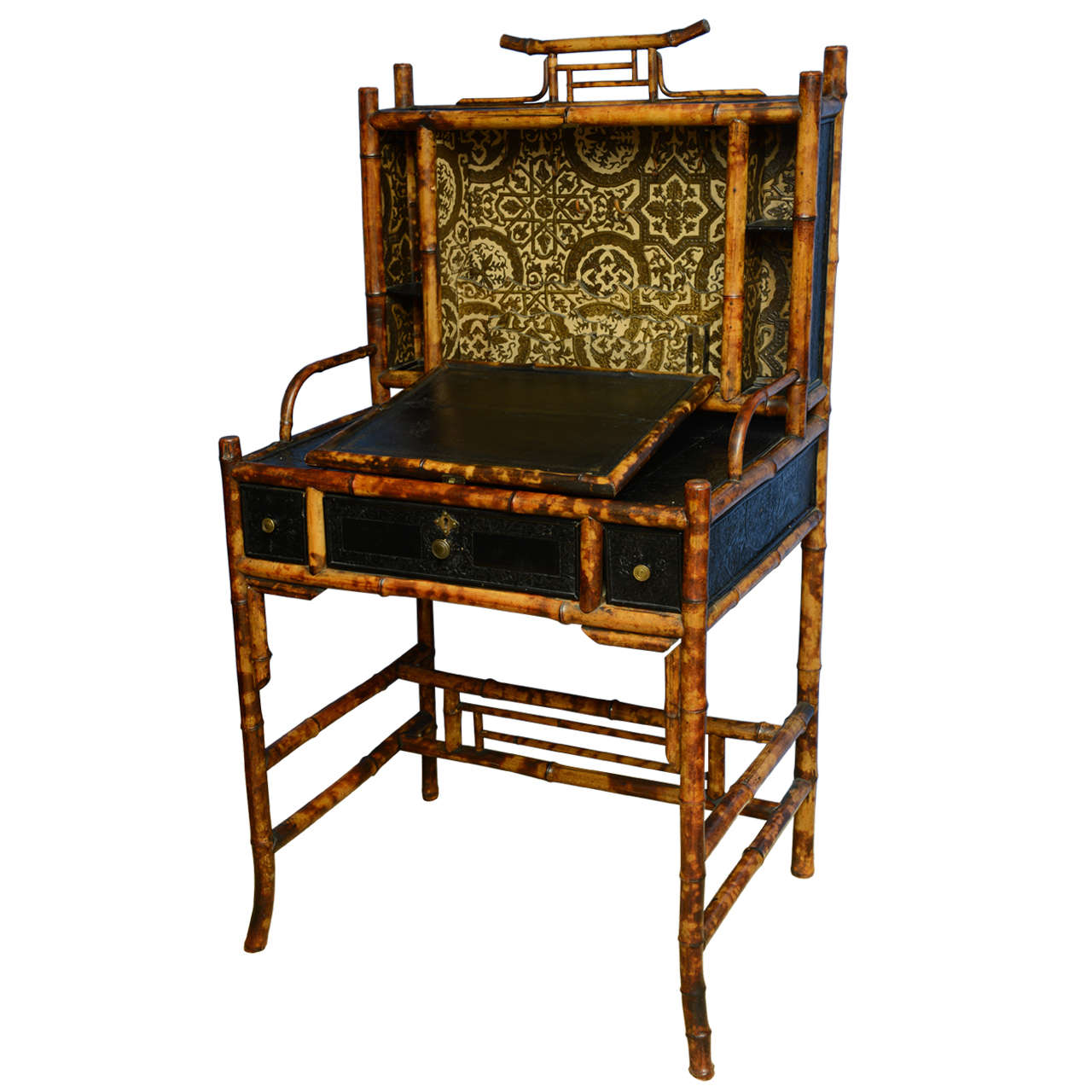 19th c.English Bamboo Desk with Lacquer Drop-Front Desk