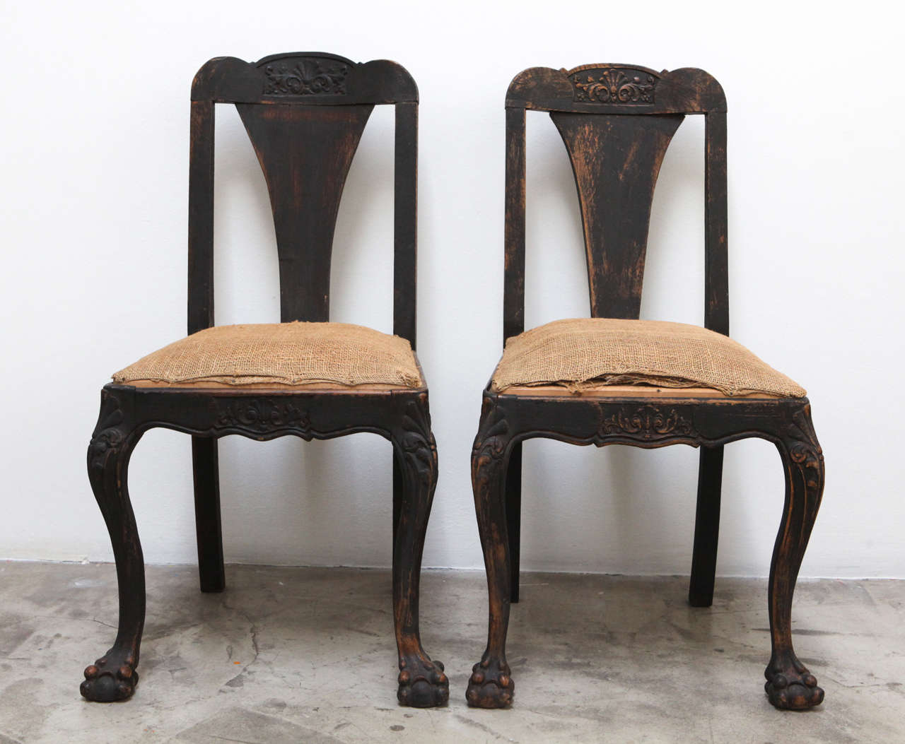 A pair of claw foot baroque hall chairs from sweden. Sold only as a pair.