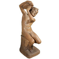 Early 20th C Terracotta Lifesize Boy with Tambourine