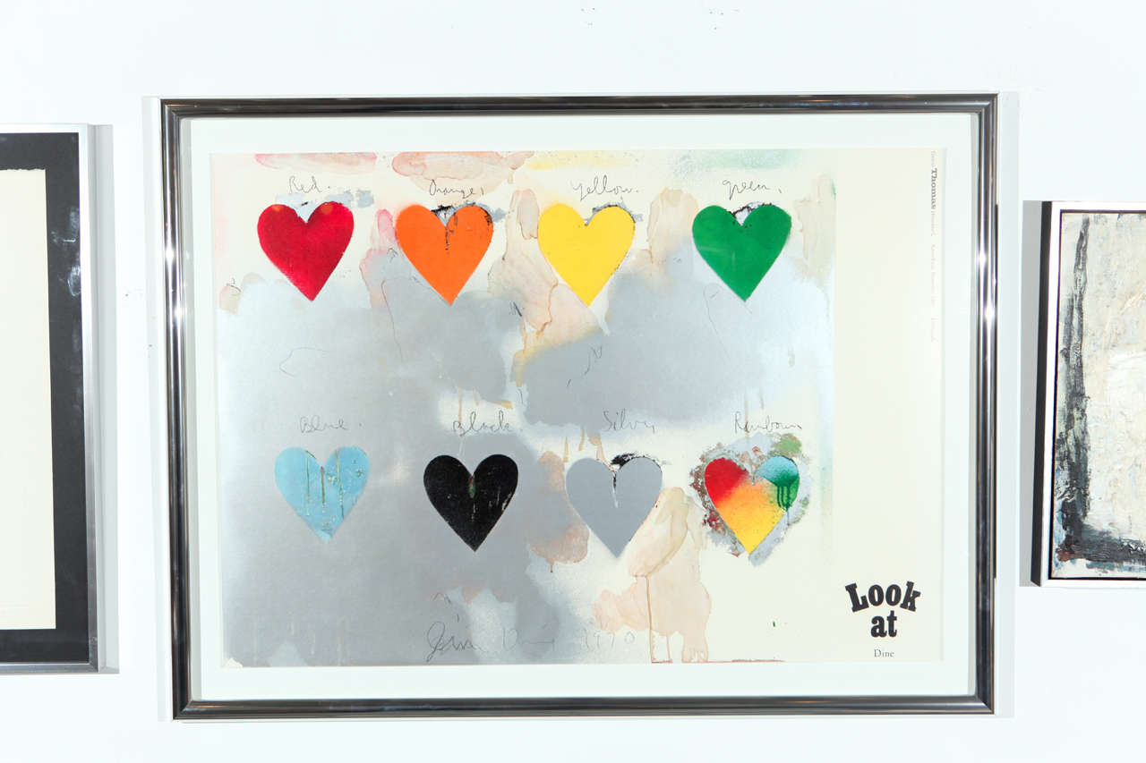 Exceptional signed lithograph from the December 1970 exhibition at Galerie Thomas in Dusseldorf depicting Jim Dine's watercolor and spray paint of eight hearts in different colors. New chrome frame.