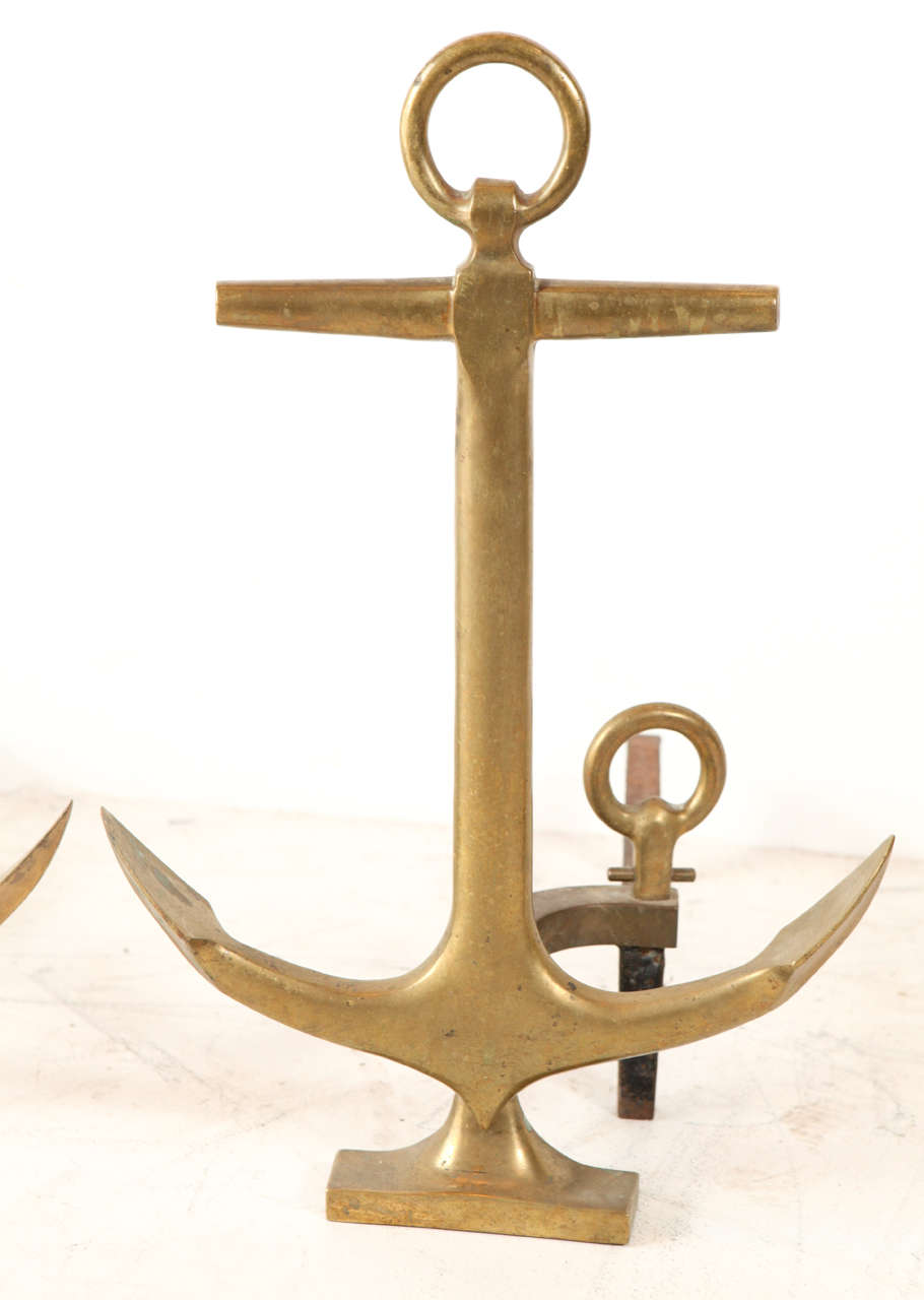 Neoclassical Revival Large Brass Anchor Andirons