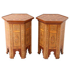 Pair of Moorish Hexagon Wood Inlay Side Tables