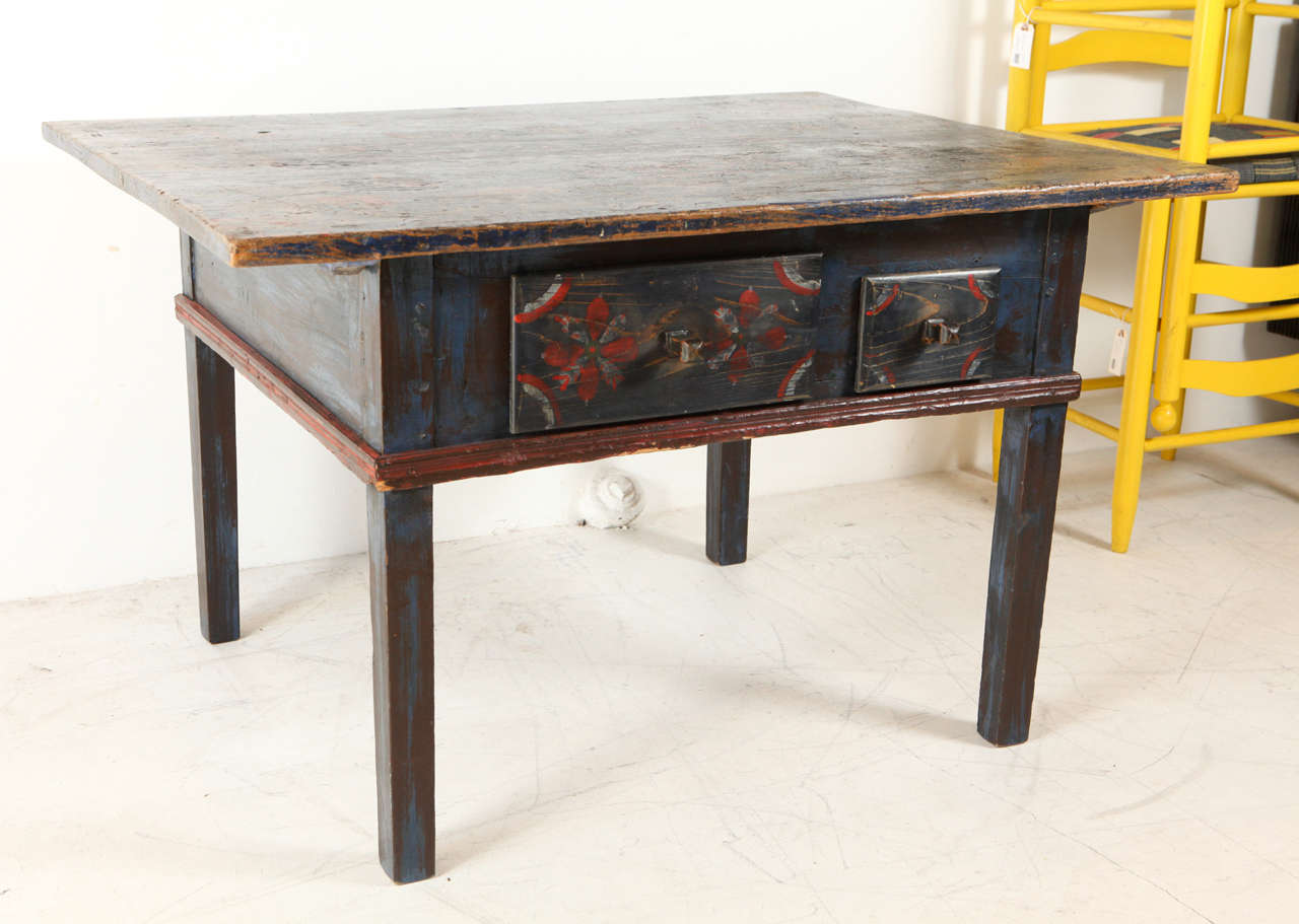 Charming two drawer hand painted table. Top removes for 