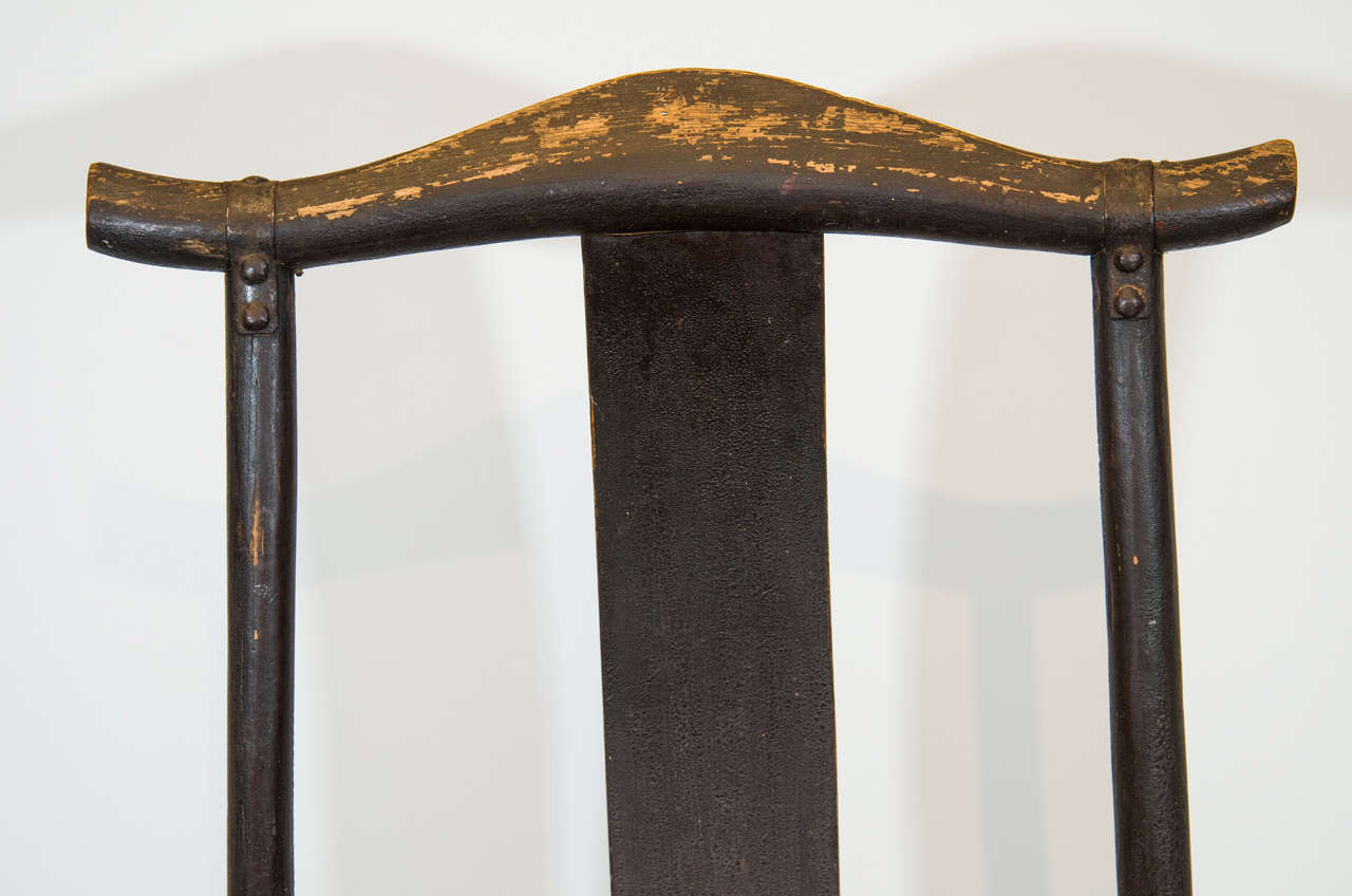Elm Pair of 19th Century Chinese Official's Hat Chairs with Original Iron Decoration For Sale