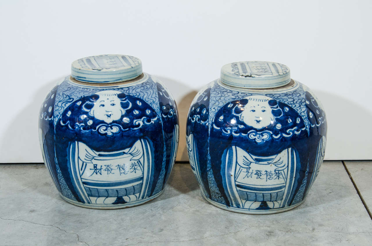 An unusual pair of covered antique Chinese porcelain jars with imposing and amusing images of happy ladies. From Shanxi Province, c. 1900. Priced individually.
CR736
