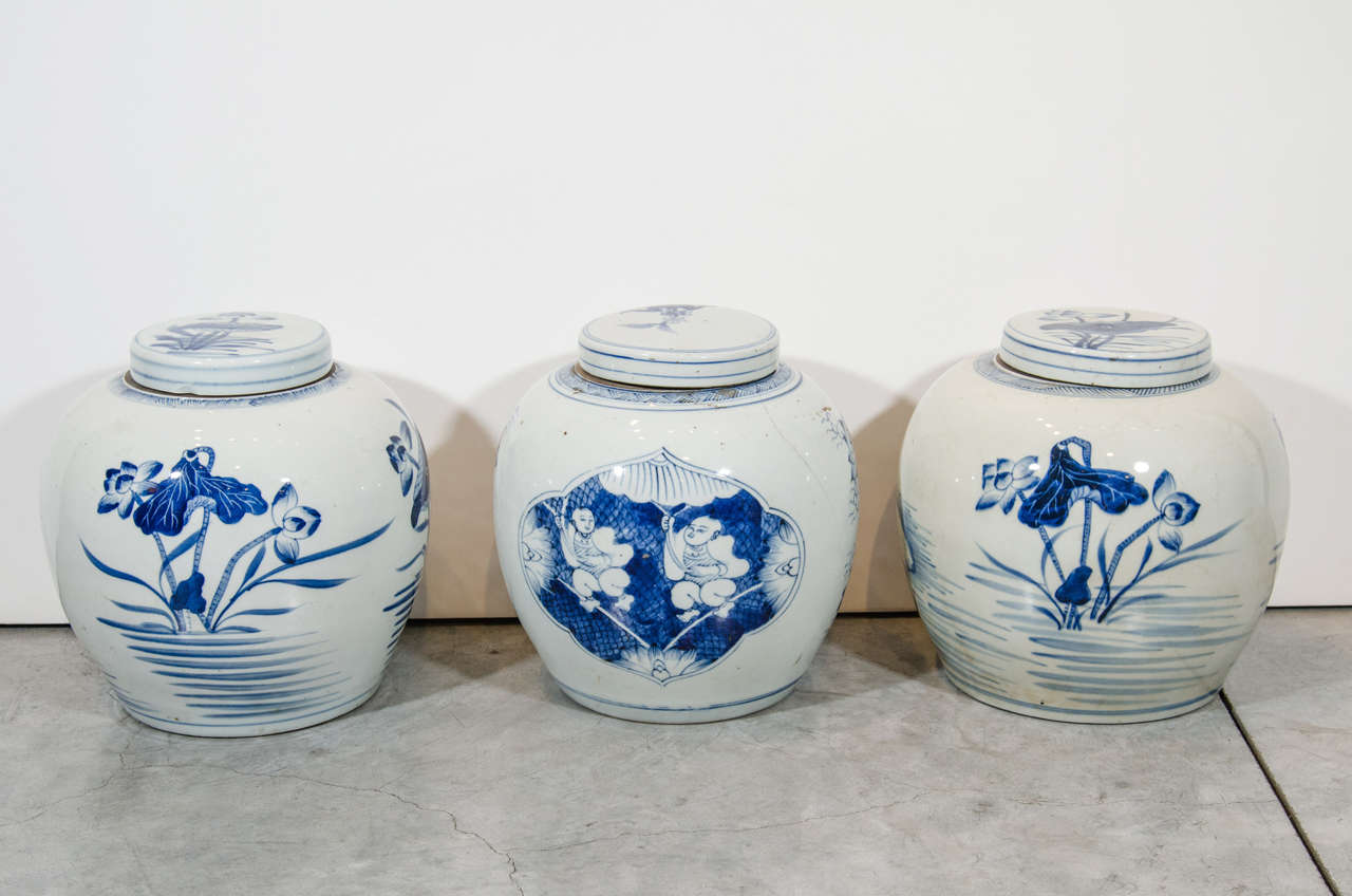 Antique Chinese covered porcelain jars with various images including swans on two jars and babies on a third jar. Priced individually. From Shanxi province, circa 1900. 
Dimensions: Diameter: 9
