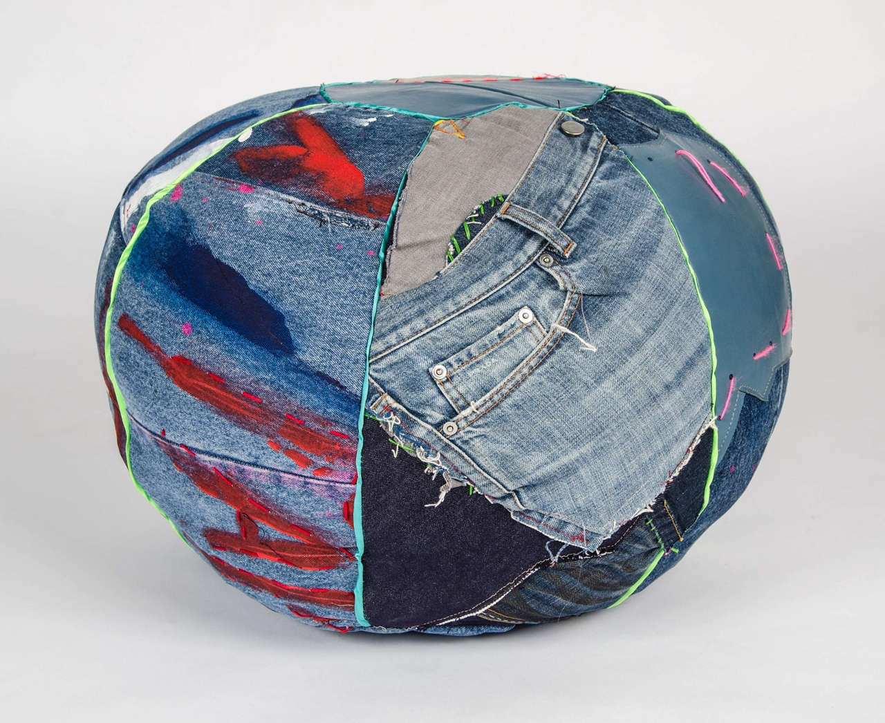 Unique Handmade Bohemian Rock and Roll Style Vintage Denim Pouffe/Floor Cushion