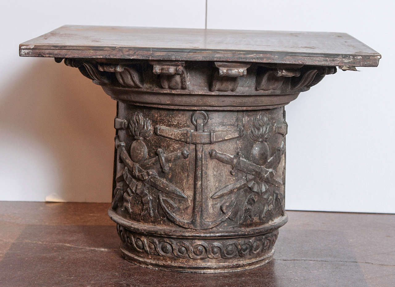 Antique Naval Cast Iron End Table
This table carries history with the French Naval Power in the 19th Century
From the French naval facility in Toulon, on the Mediterranean. 
Original use was a column pillar top to a naval facility
On the piece,